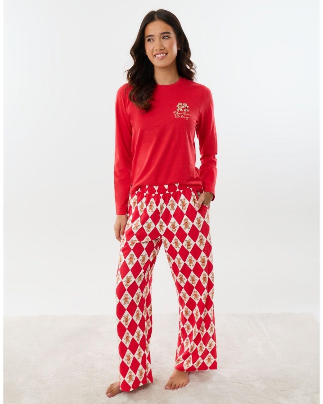 Threadbare Red Cotton Gingerbread Print Christmas Pyjama Set