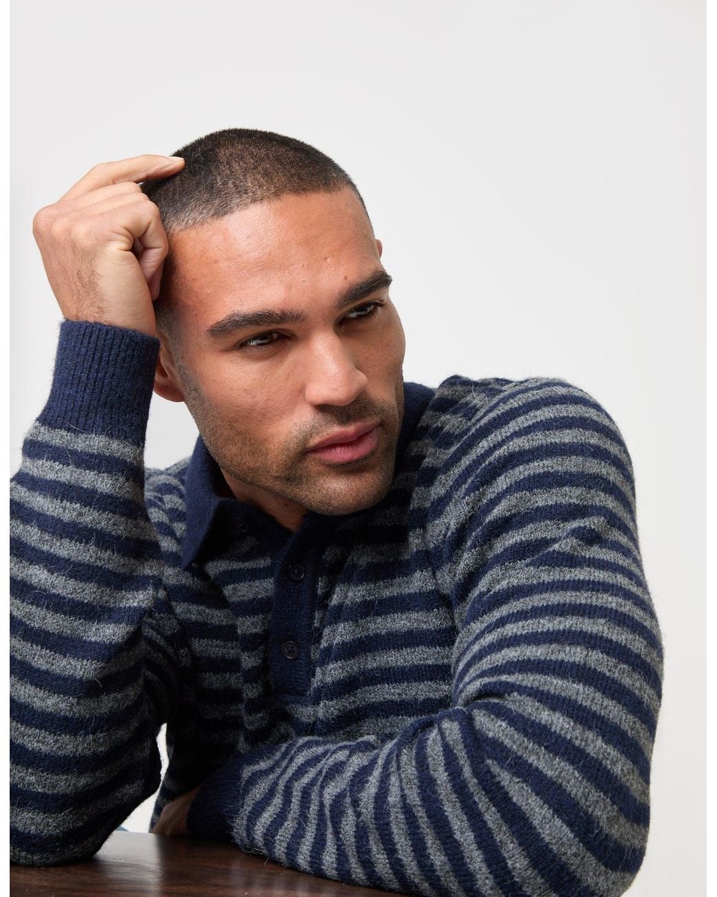 Threadbare Blue Knitted Long Sleeve Polo for men