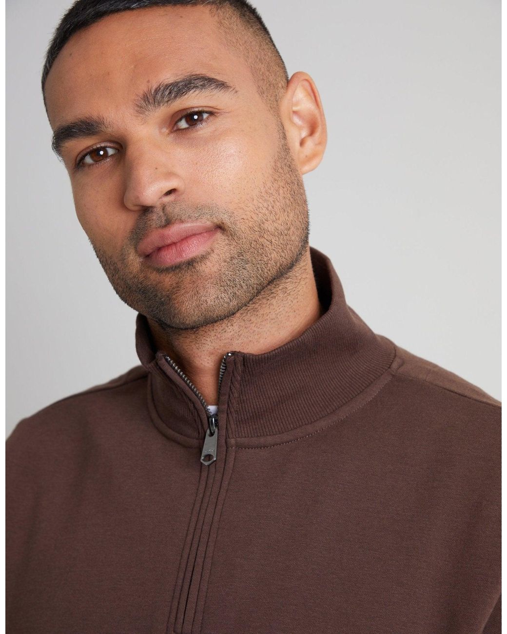Threadbare Brown The Essential Cotton Rich Quarter Zip Sweatshirt for men