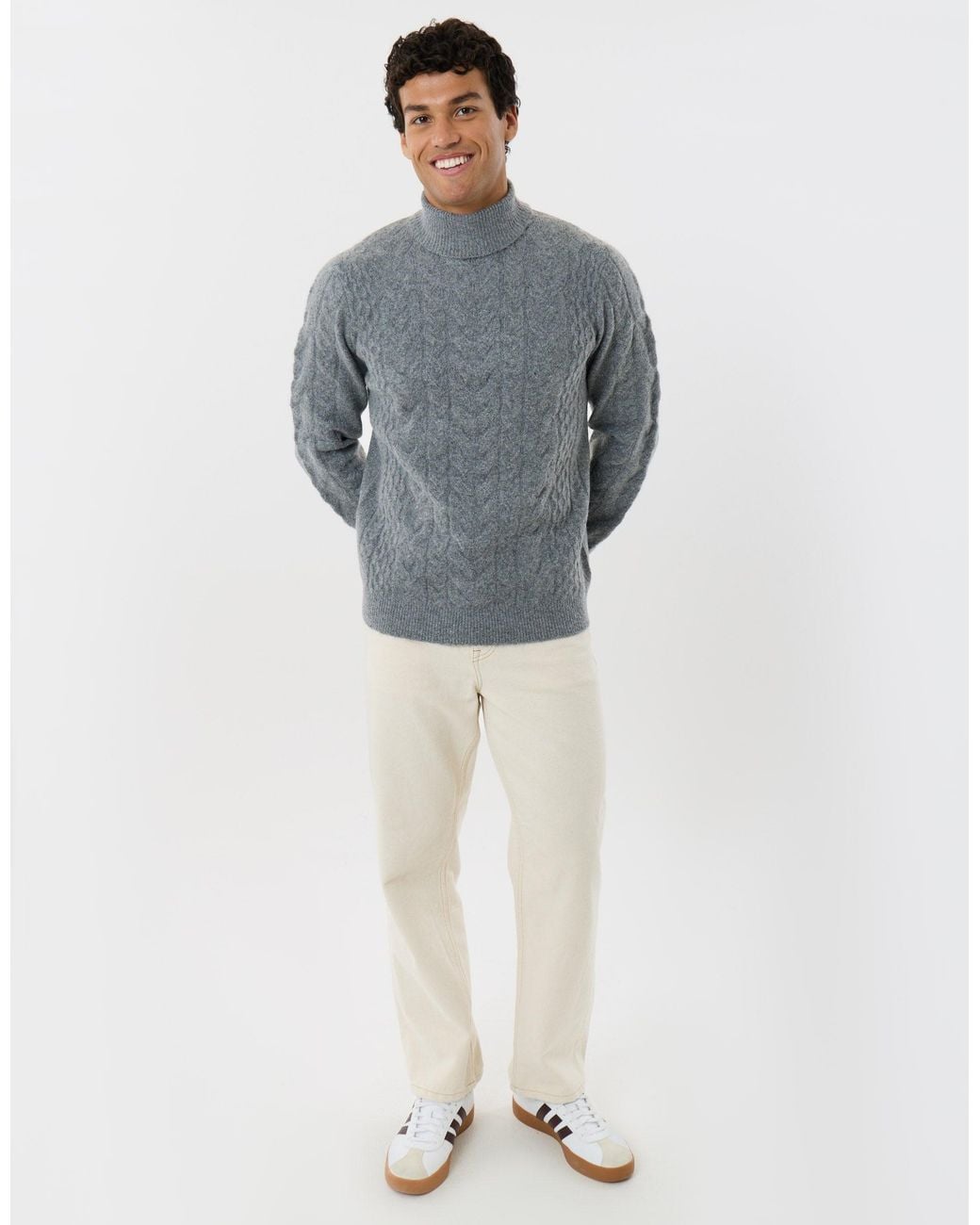 Threadbare Gray Cable Knit Roll Neck Jumper for men