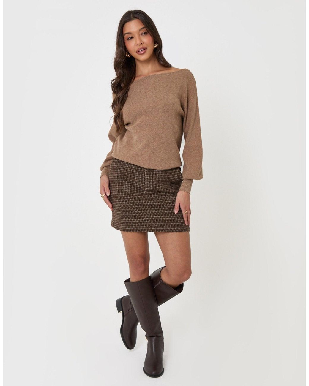 Threadbare Brown Tweed Mini Skirt