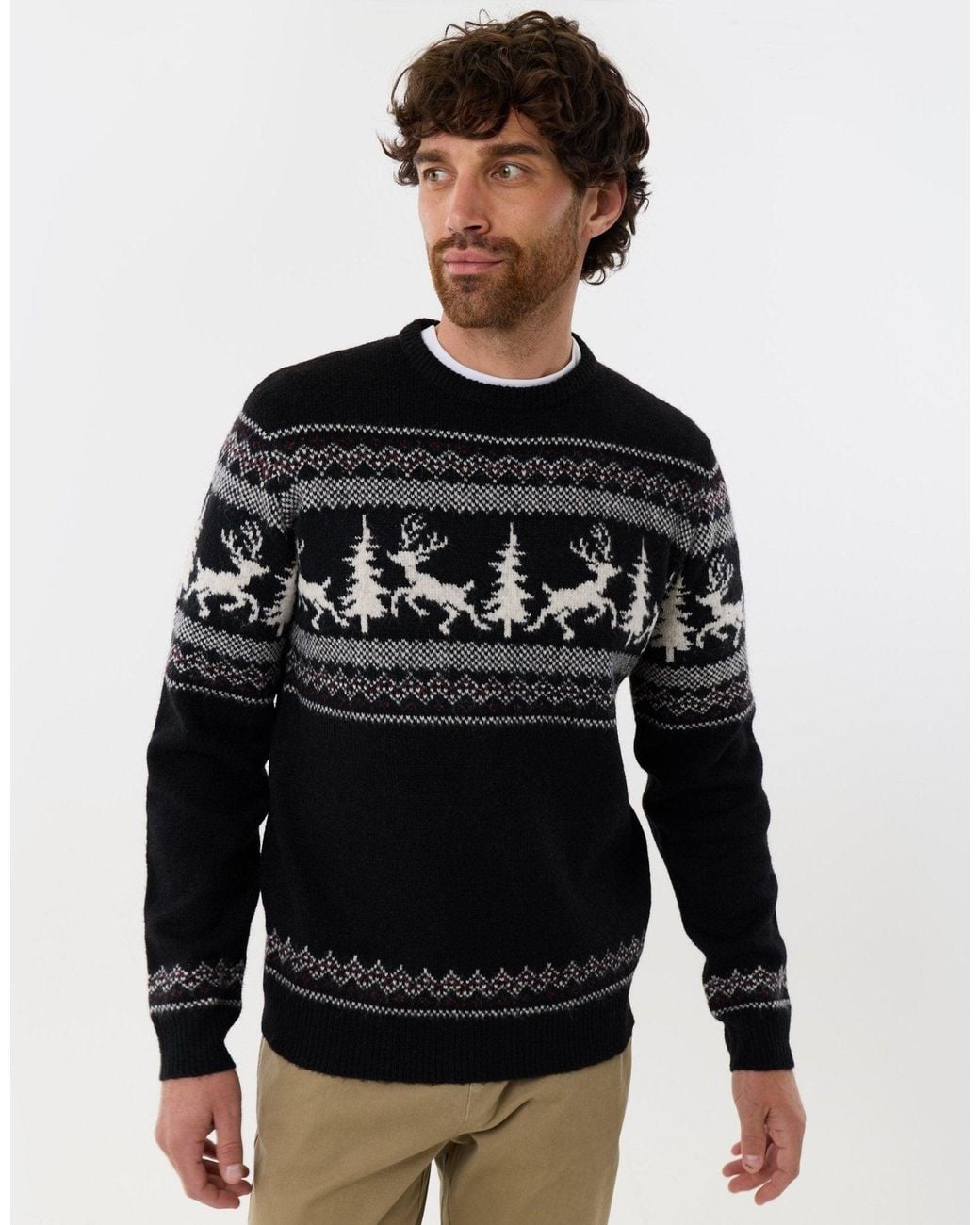 Threadbare Gray Reindeer Forest Fairisle Christmas Jumper for men