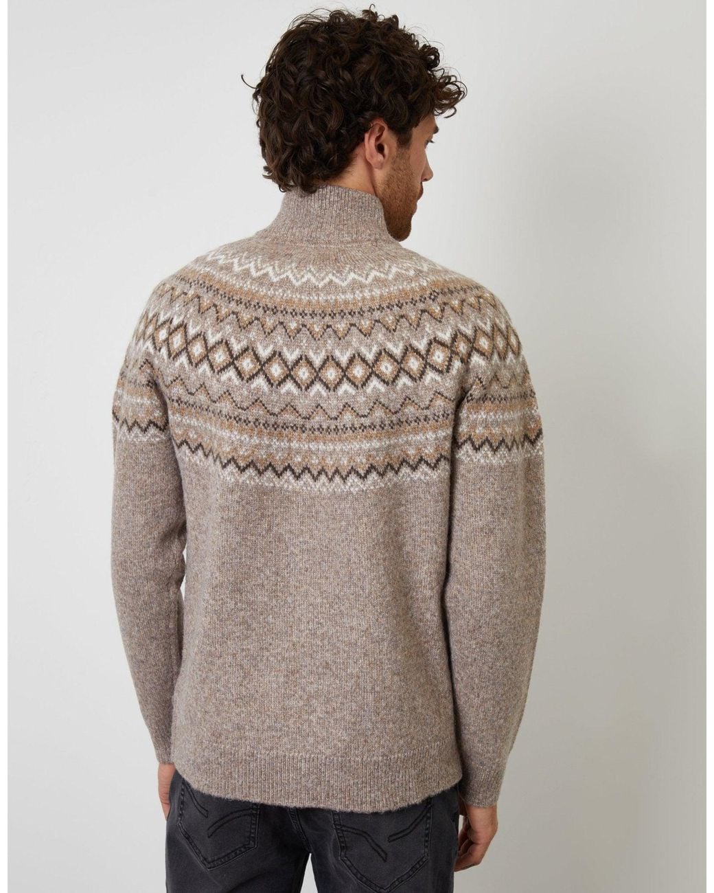 Threadbare Brown Fairisle Quarter Zip Knitted Jumper for men
