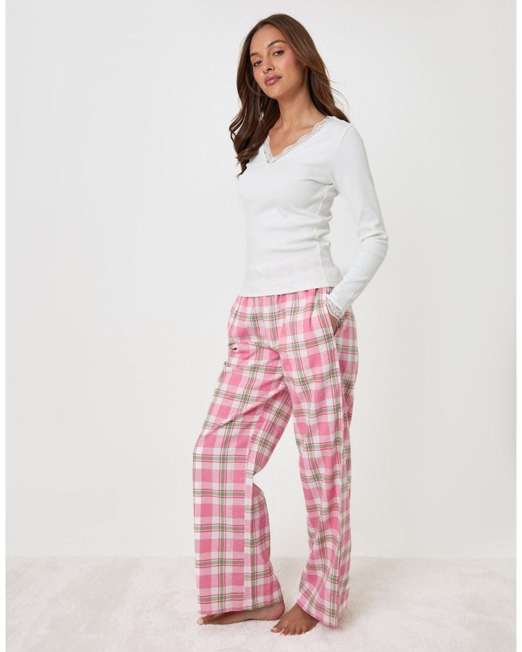 Threadbare White Cotton Top & Flannel Trousers Pyjama Set