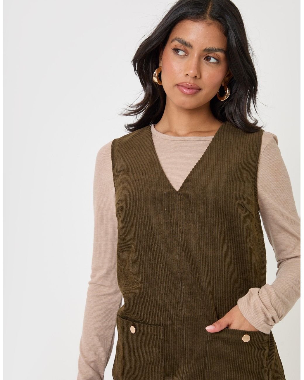 Threadbare Natural Corduroy V Neck Mini Dress