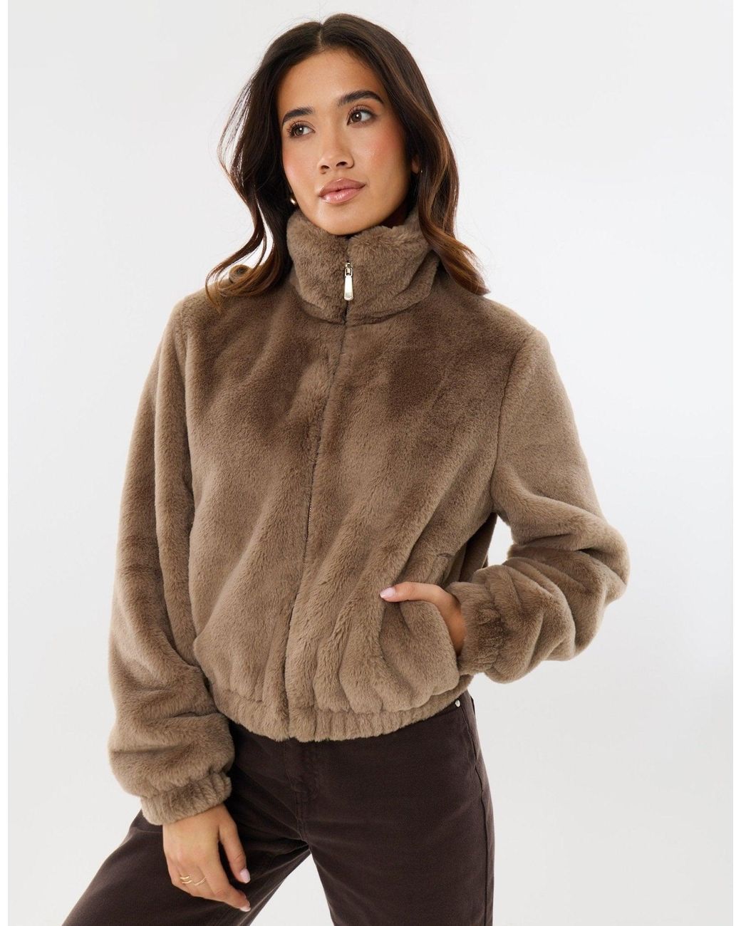 Threadbare Brown Faux Fur Bomber Jacket