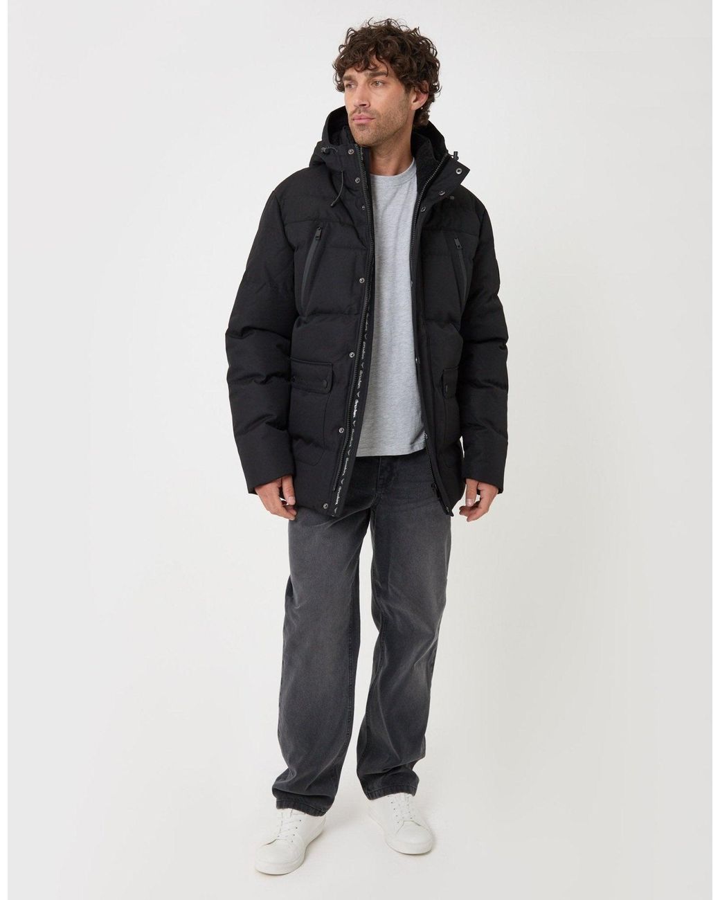 Threadbare Black Showerproof Hooded Puffer Coat With Borg Lined Hood for men