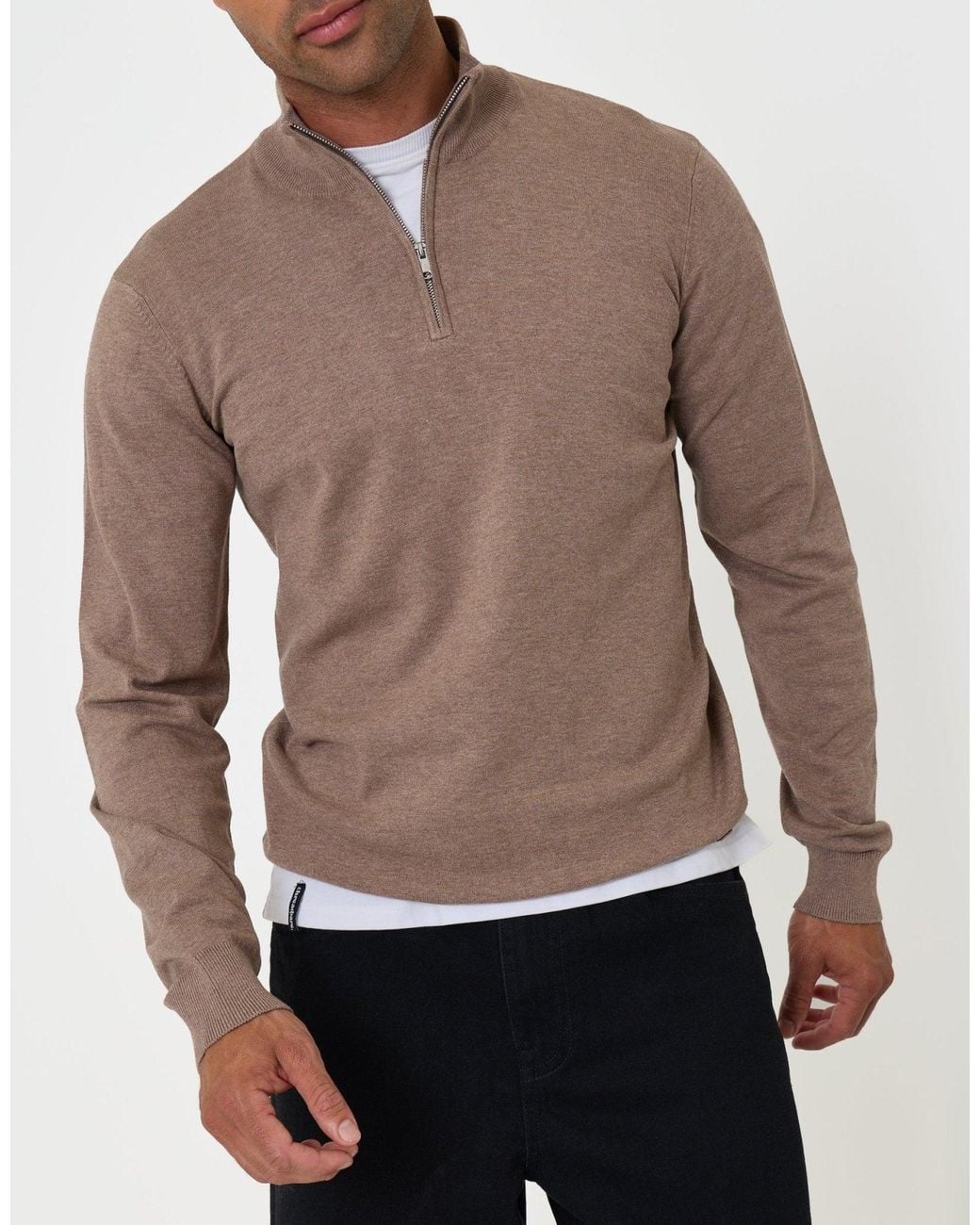 Threadbare Brown Funnel Neck Quarter Zip Knitted Jumper for men