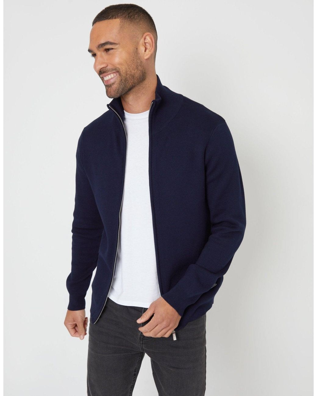 Threadbare Blue Zip-Through Funnel Neck Knitted Cardigan for men
