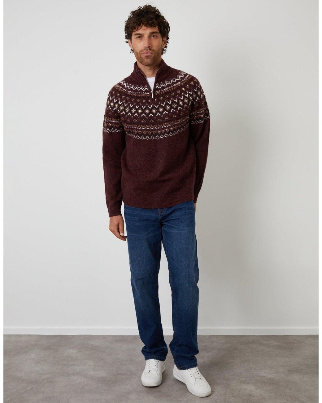 Threadbare Purple Fairisle Quarter Zip Knitted Jumper for men