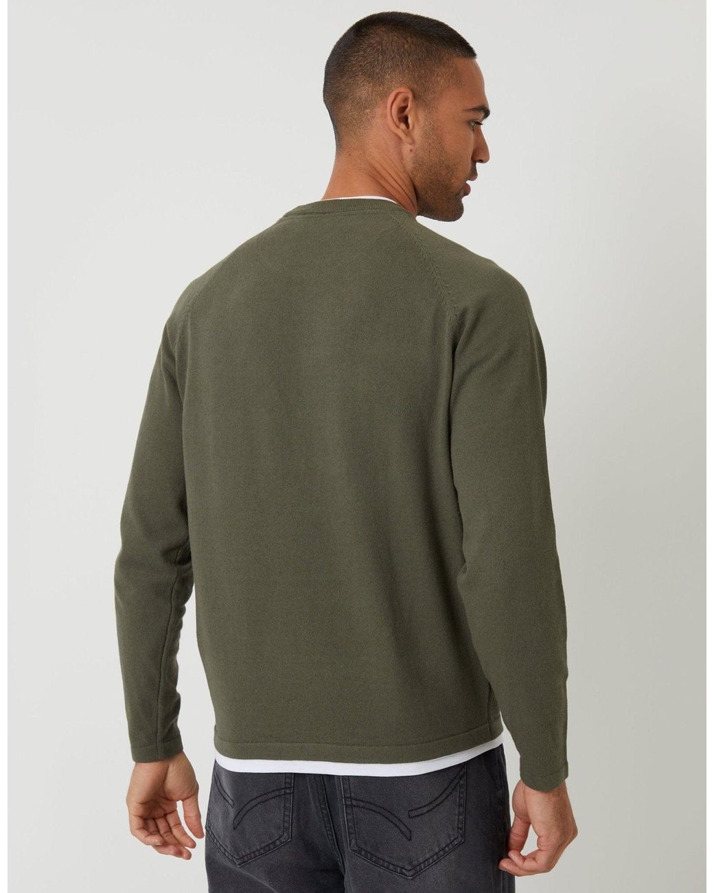 Threadbare Green Mock Tee Textured Knit Crew Neck Jumper for men