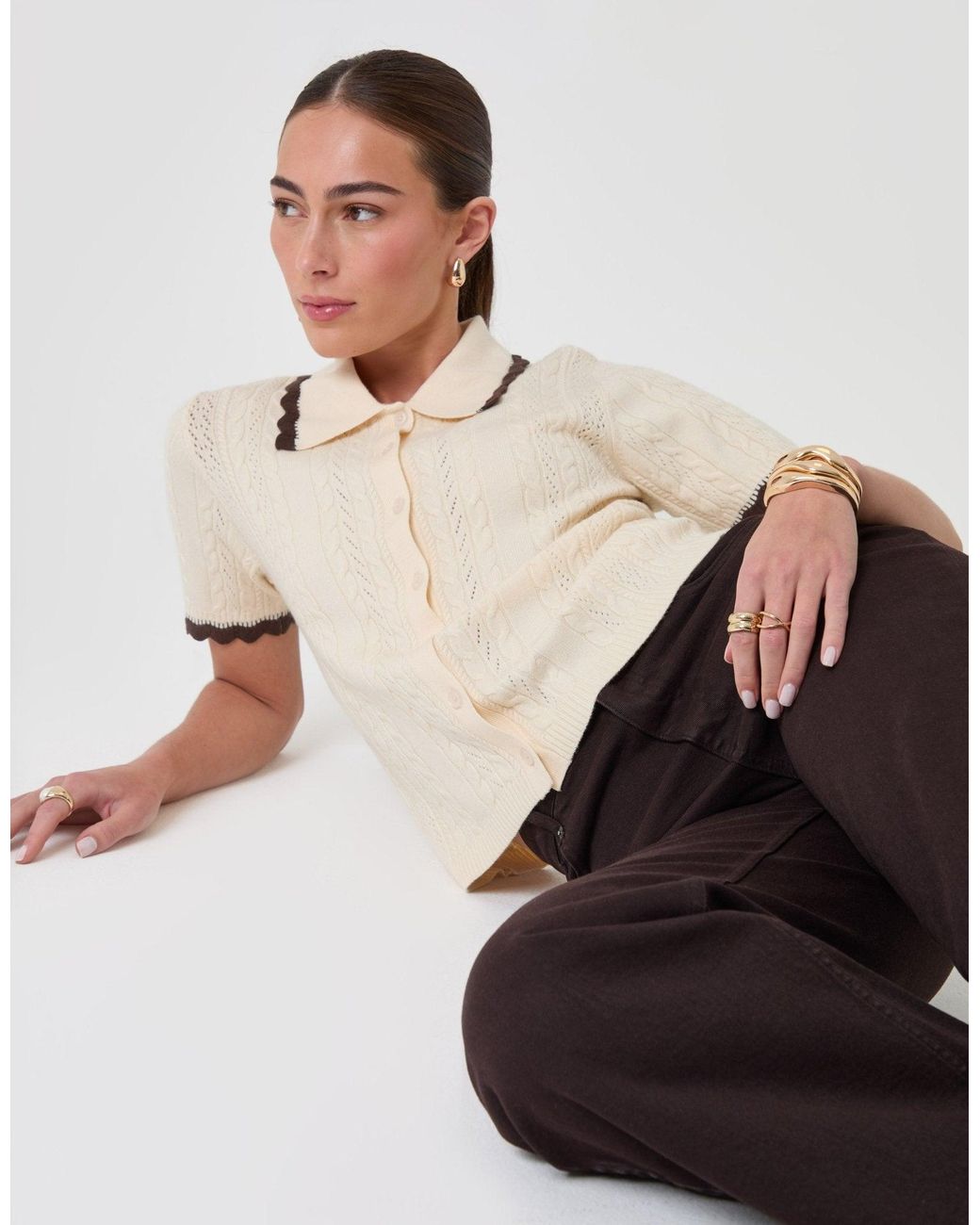 Threadbare Natural Cable Knit Scallop Trim Polo