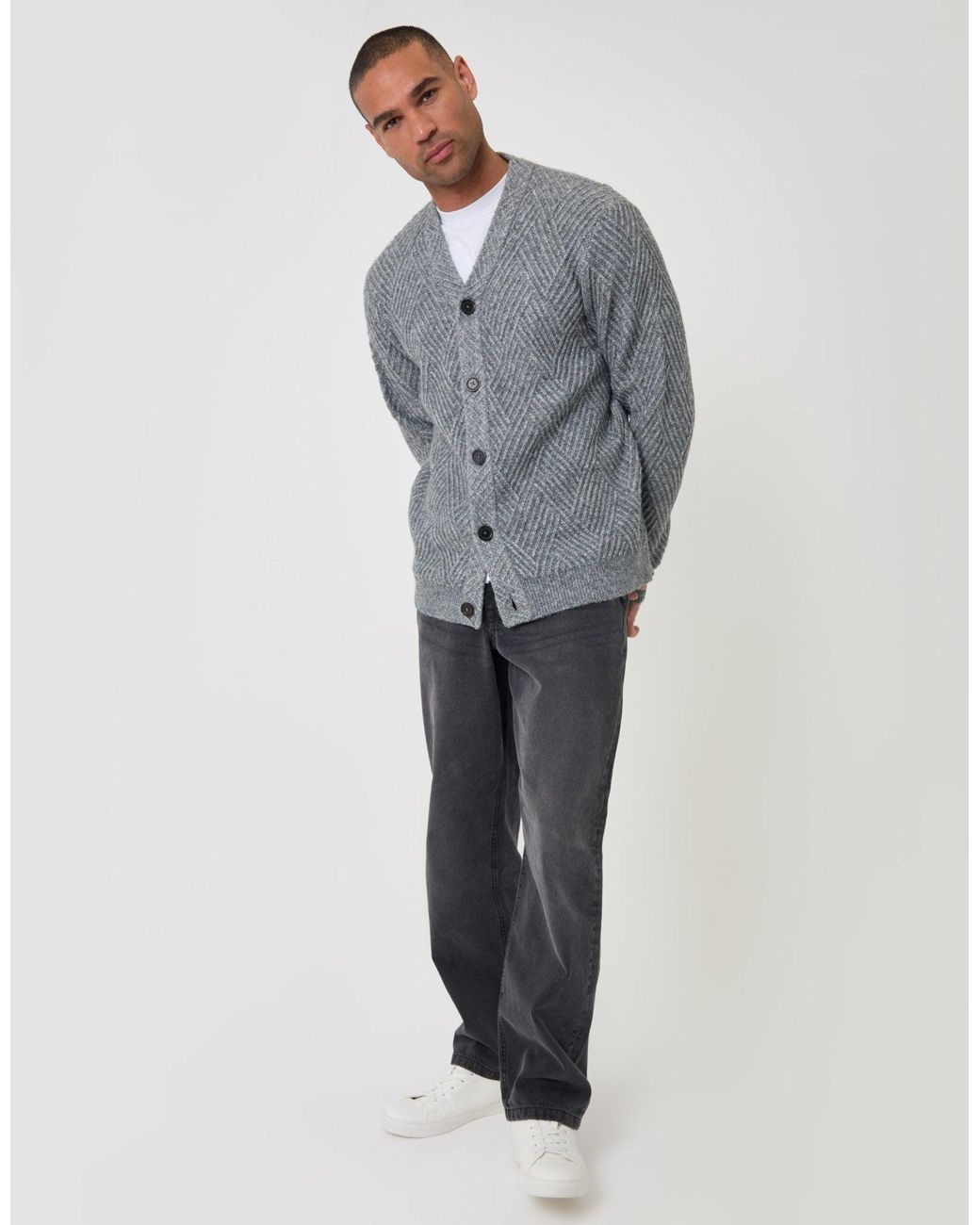Threadbare Gray Textured Stitch V Neck Cardigan for men