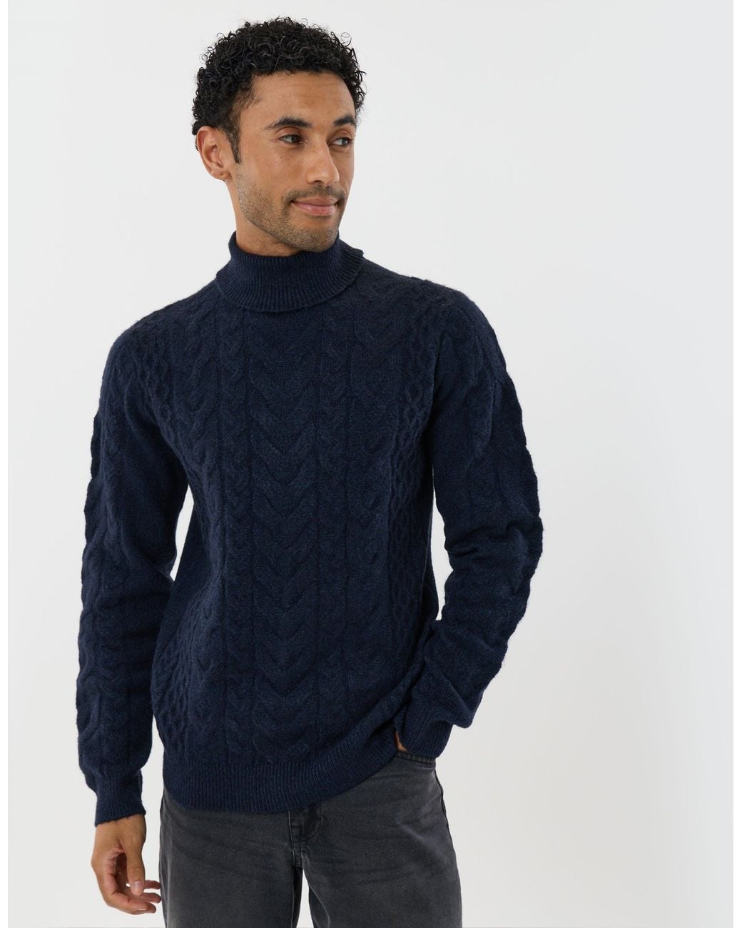 Threadbare Blue Cable Knit Roll Neck Jumper for men