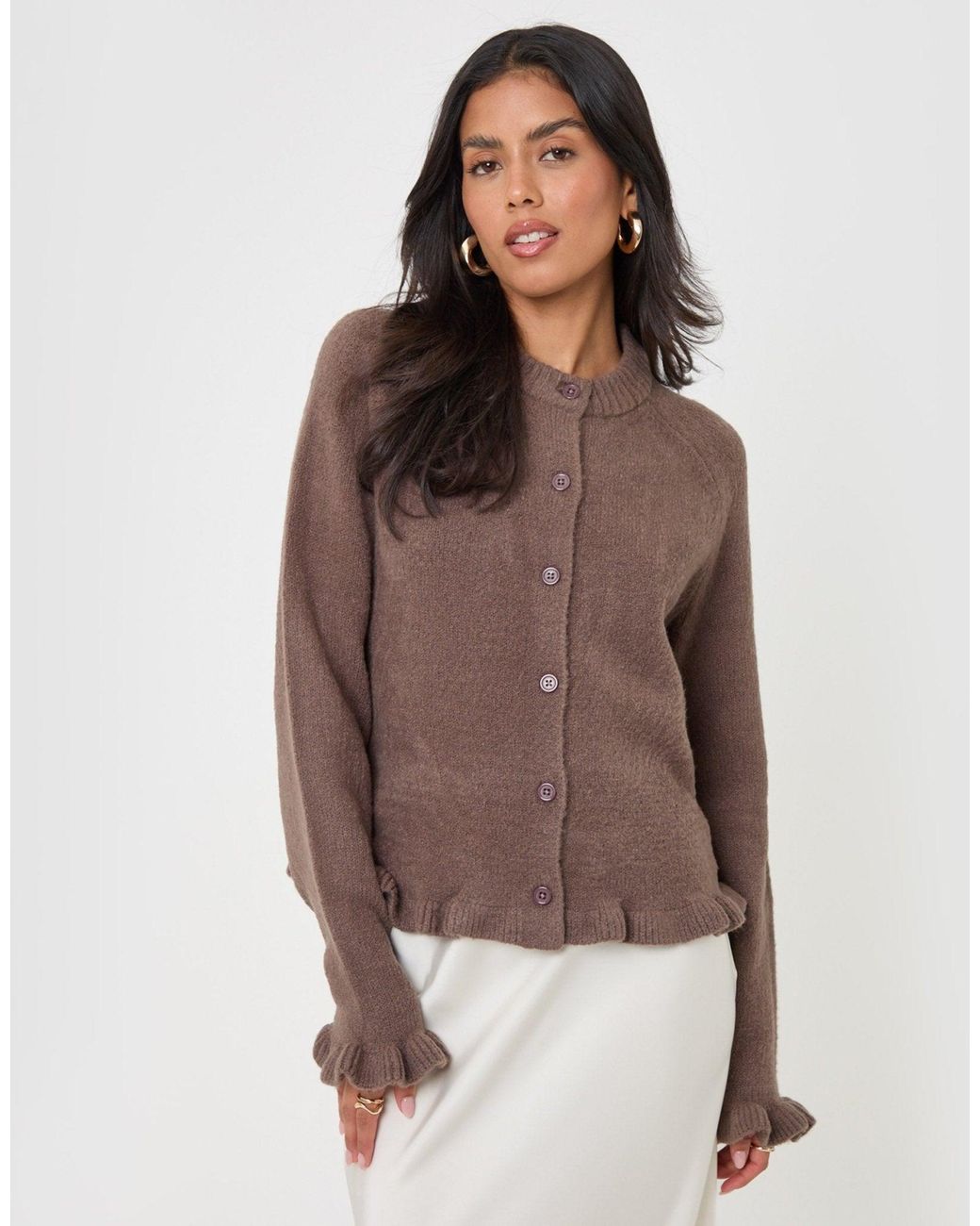 Threadbare Brown Crew Neck Ruffle Cardigan