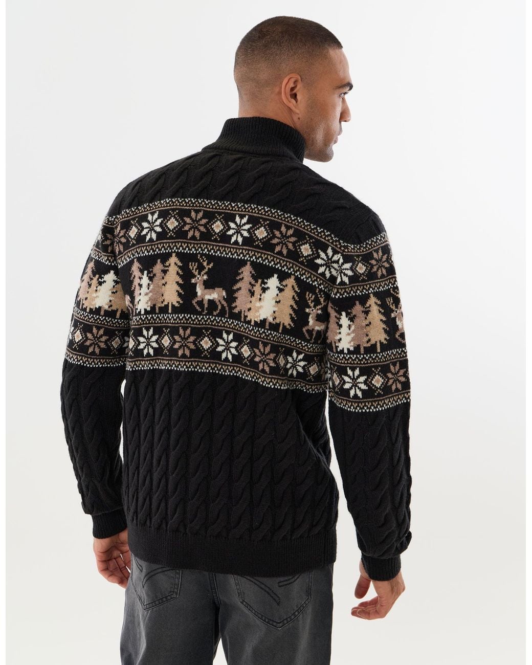 Threadbare Black Reindeer Forest Fairisle Quarter Zip Christmas Jumper for men