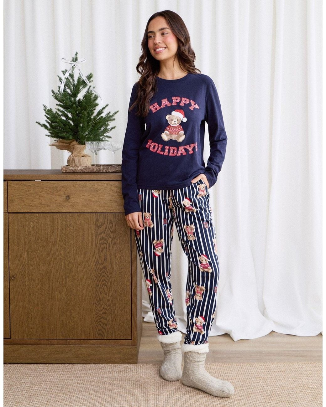 Threadbare Blue Cotton Teddy Bear Print Christmas Pyjama Set