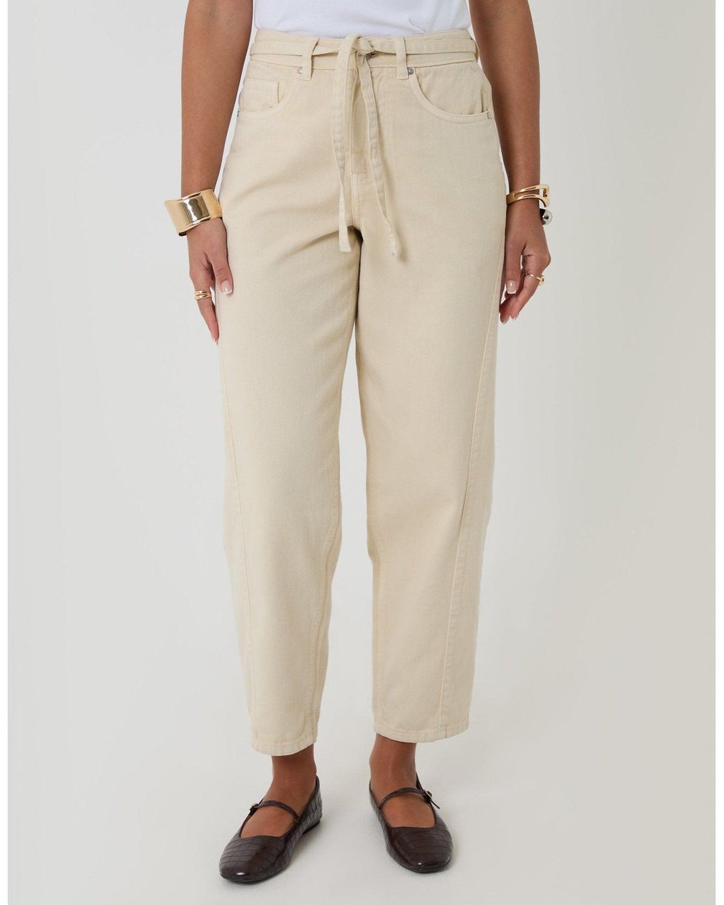 Threadbare Natural Petite Belted Barrel Leg Jeans