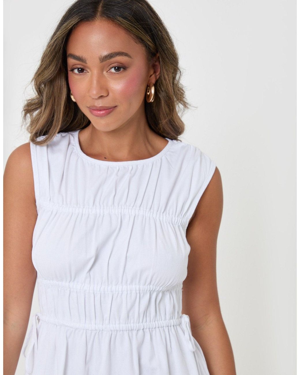 Threadbare White Shirred Denim Drawstring Waist Midaxi Dress