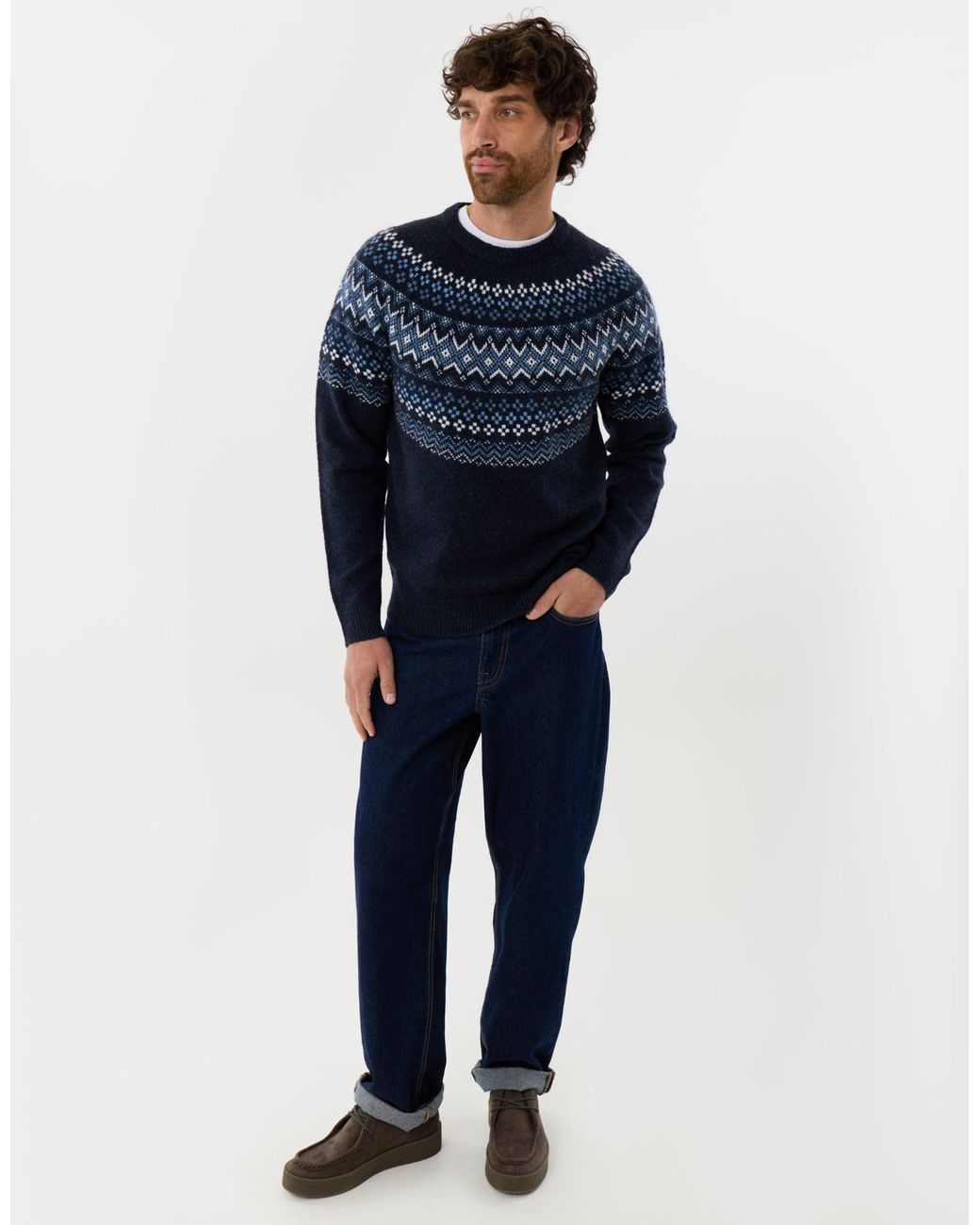 Threadbare Blue Geometric Fairisle Knitted Christmas Jumper for men