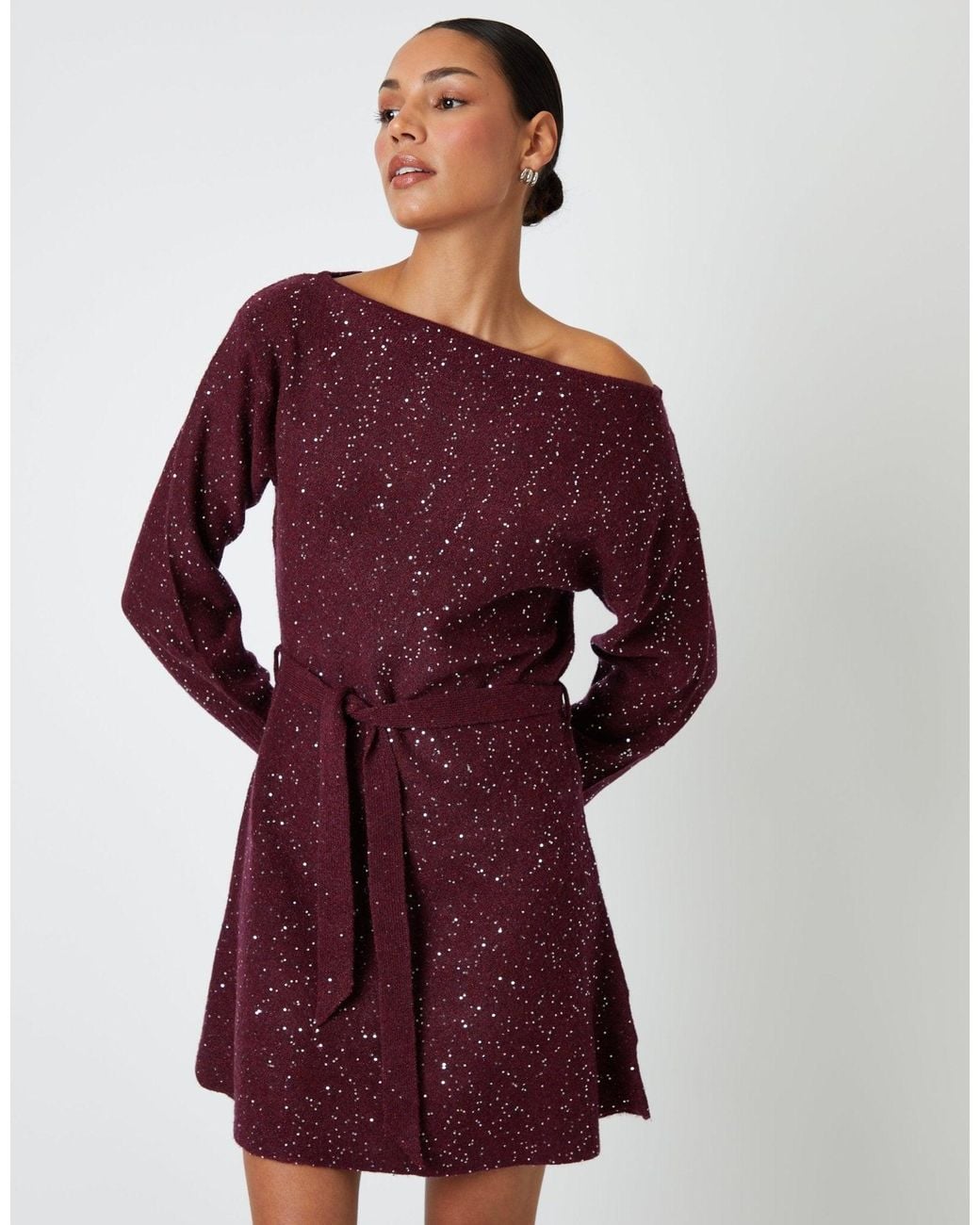 Threadbare Purple Knitted Sequin Slash Neck Mini Dress