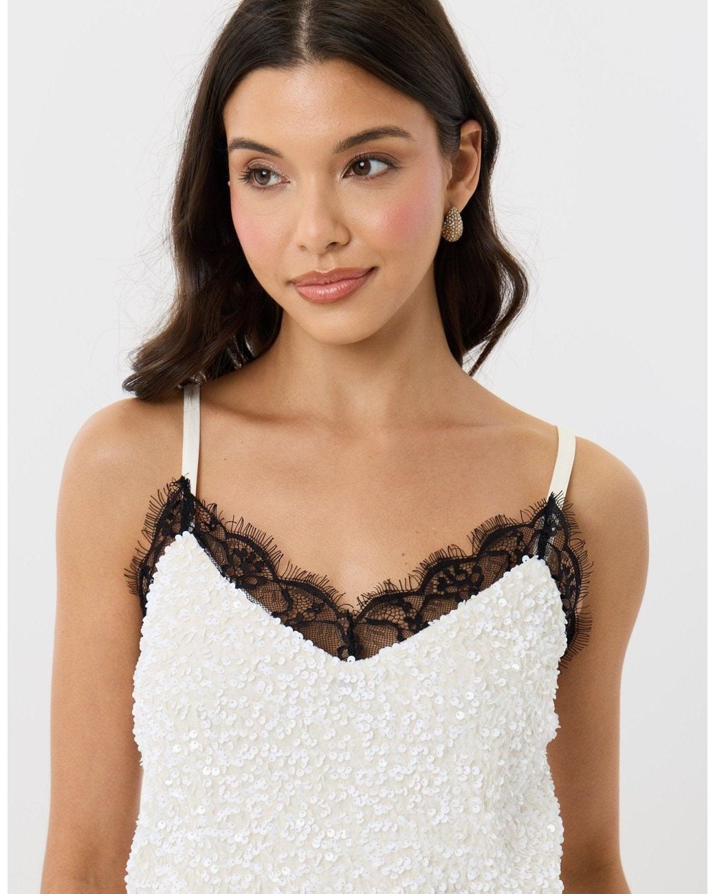 Threadbare White Sequin Cami With Lace Trim