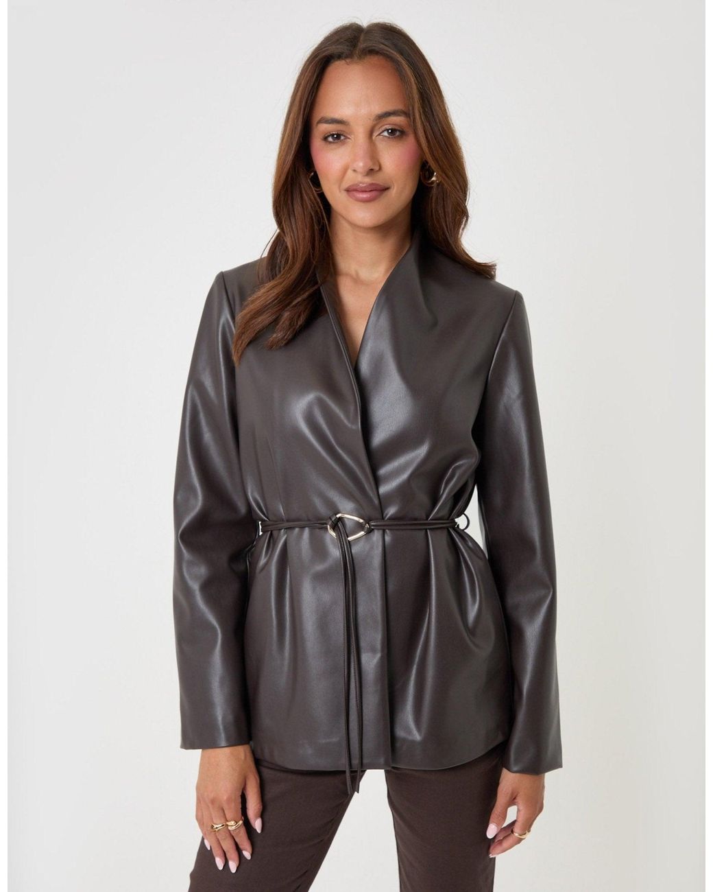 Threadbare Brown Faux Leather Belted Blazer