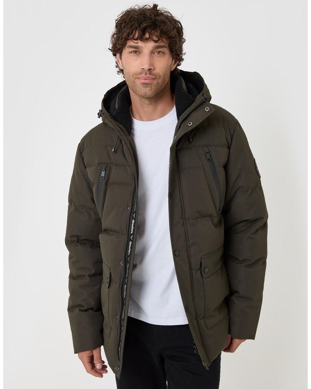 Threadbare Gray Showerproof Hooded Puffer Coat With Borg Lined Hood for men
