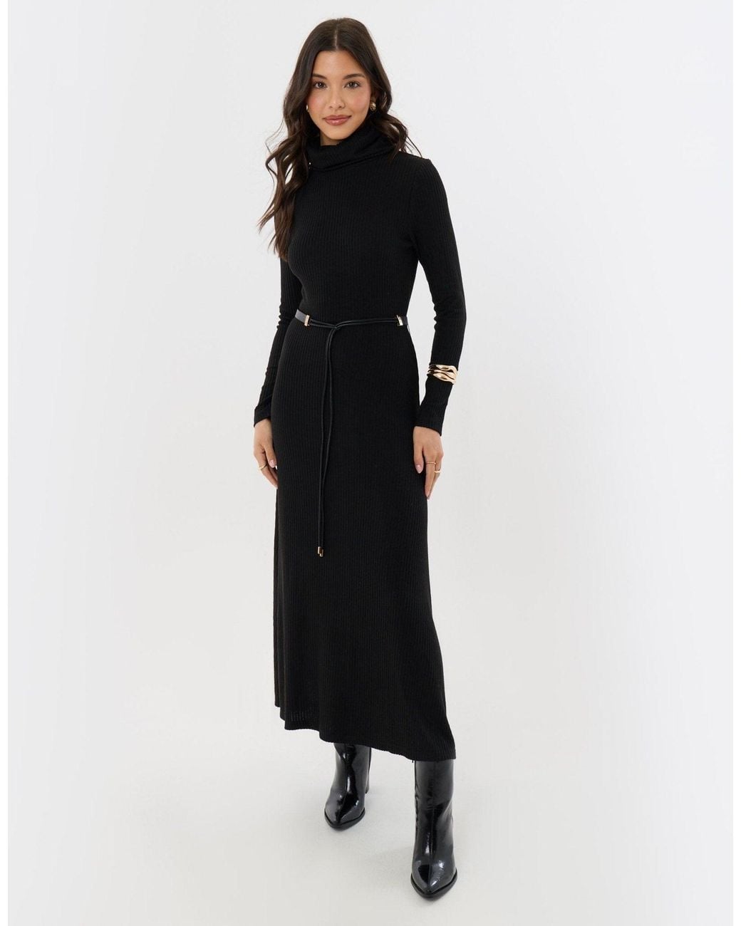 Threadbare Black Ribbed Roll Neck Maxi Dress With Belt