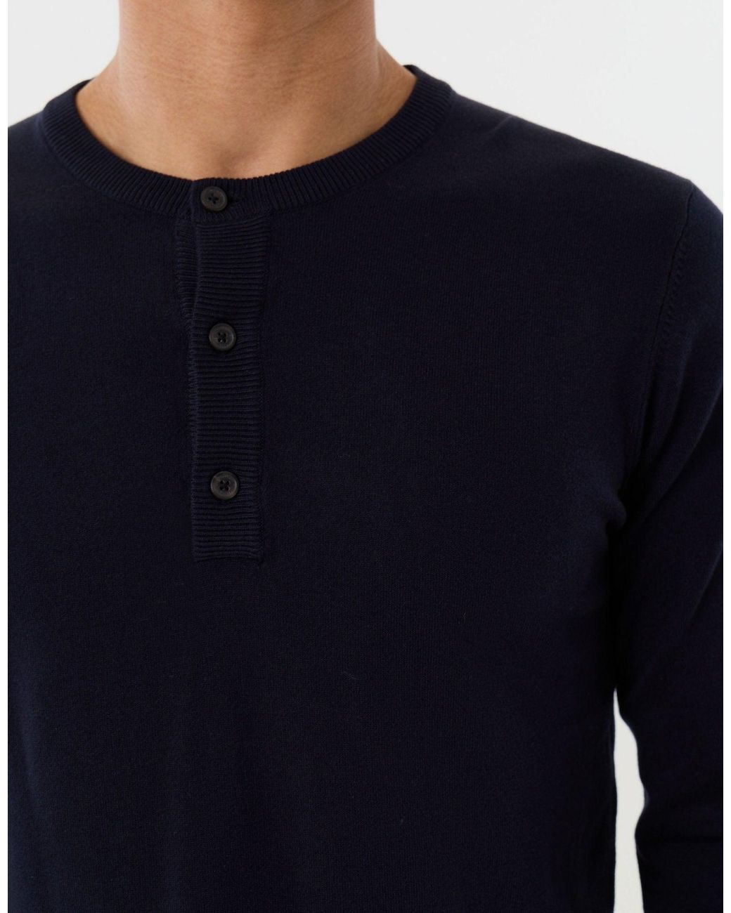 Threadbare Blue Knitted Long Sleeve Button Polo Jumper for men
