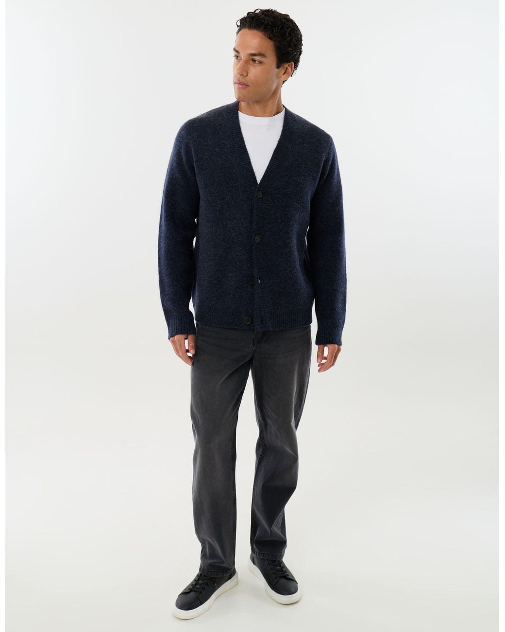 Threadbare Blue Relaxed Fit Wool Blend V Neck Cardigan for men