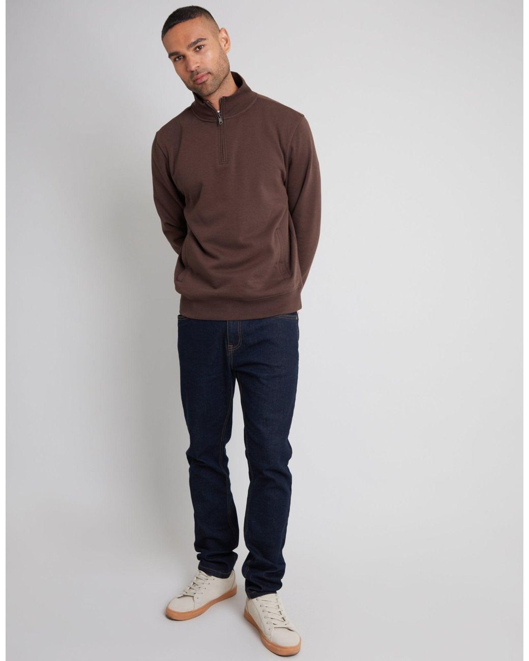 Threadbare Brown The Essential Cotton Rich Quarter Zip Sweatshirt for men