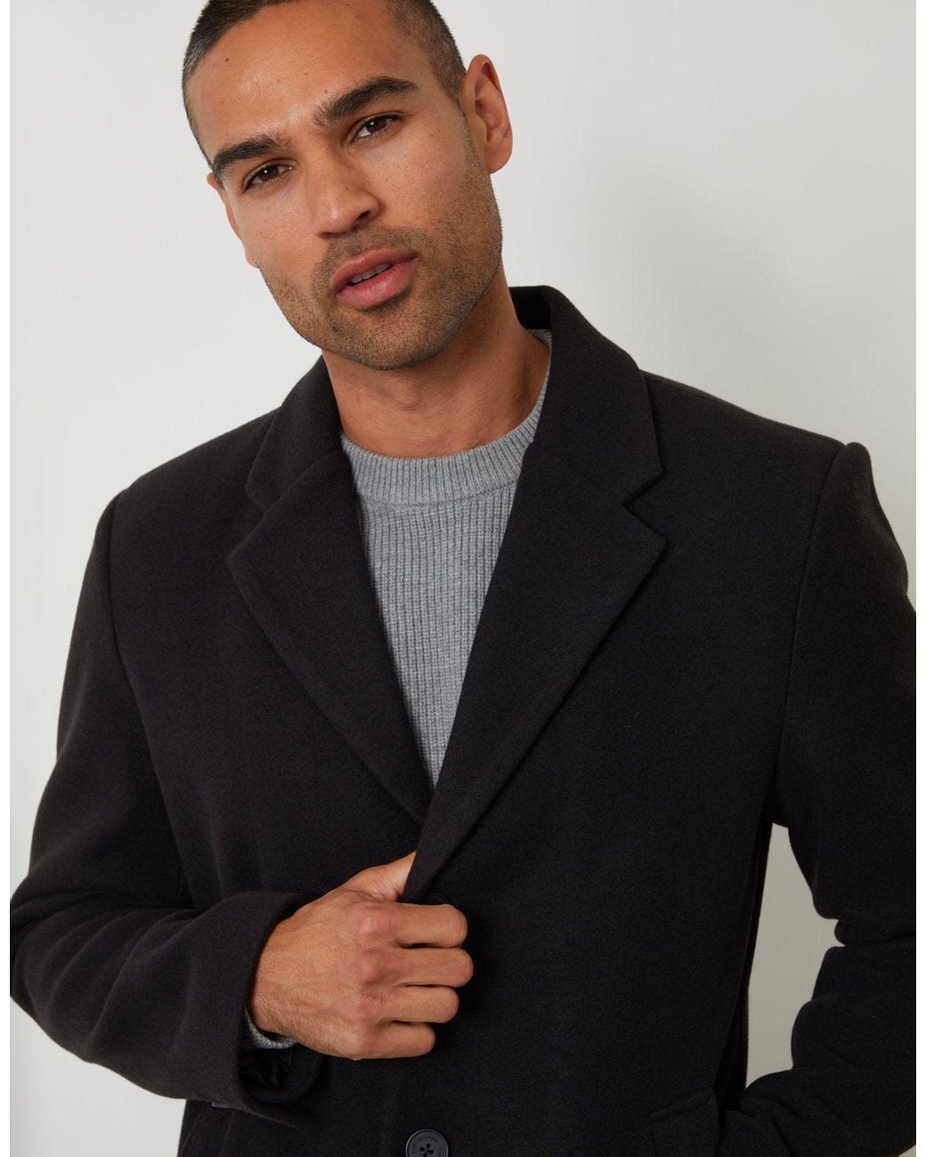 Threadbare Black The Classic Faux Wool Trench Coat for men