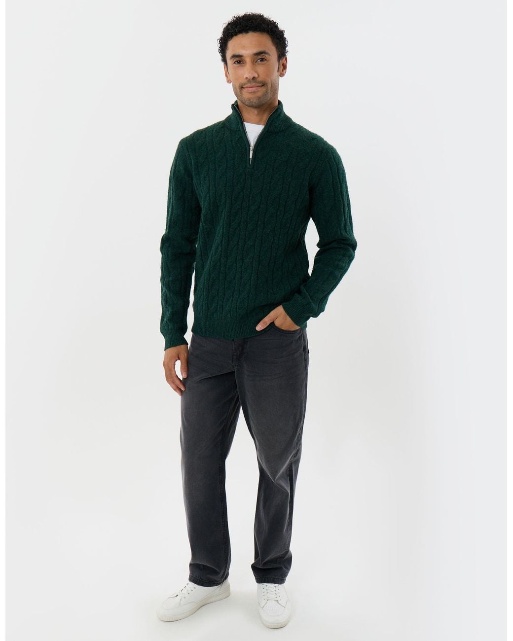 Threadbare Green Cable Knit Quarter Zip Jumper for men