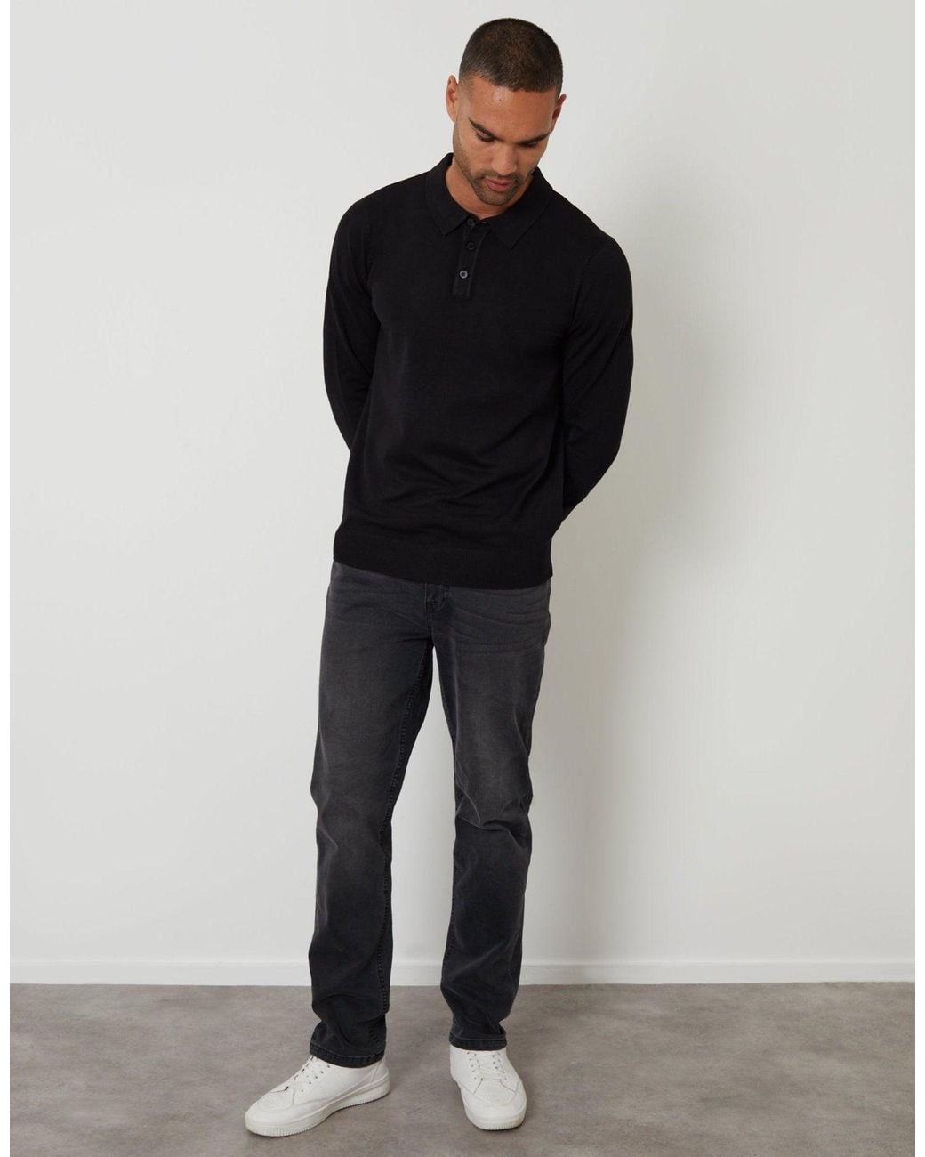 Threadbare Black Knitted Long Sleeve Polo Jumper for men