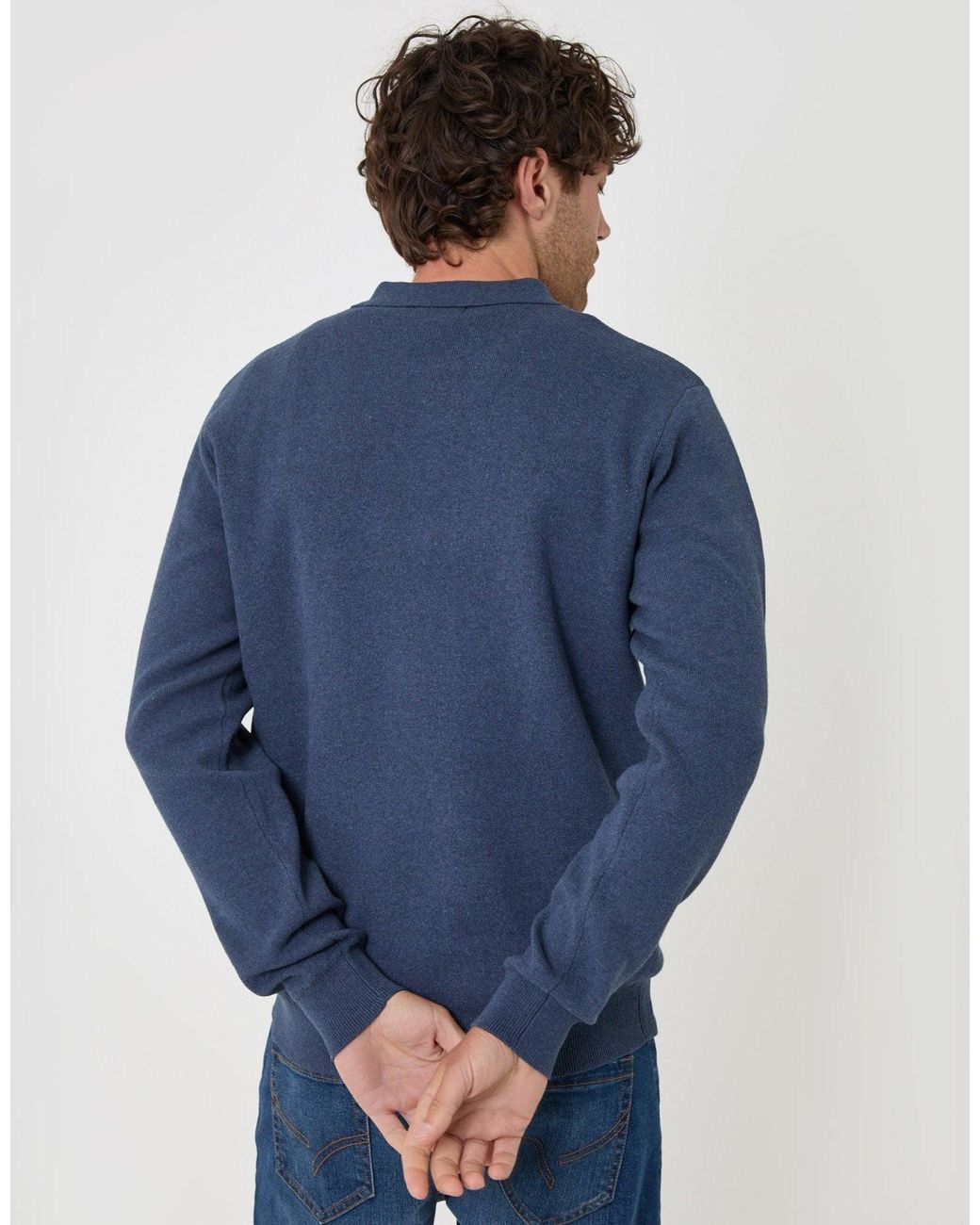 Threadbare Blue Cotton Rich Quarter Zip Long Sleeve Polo for men
