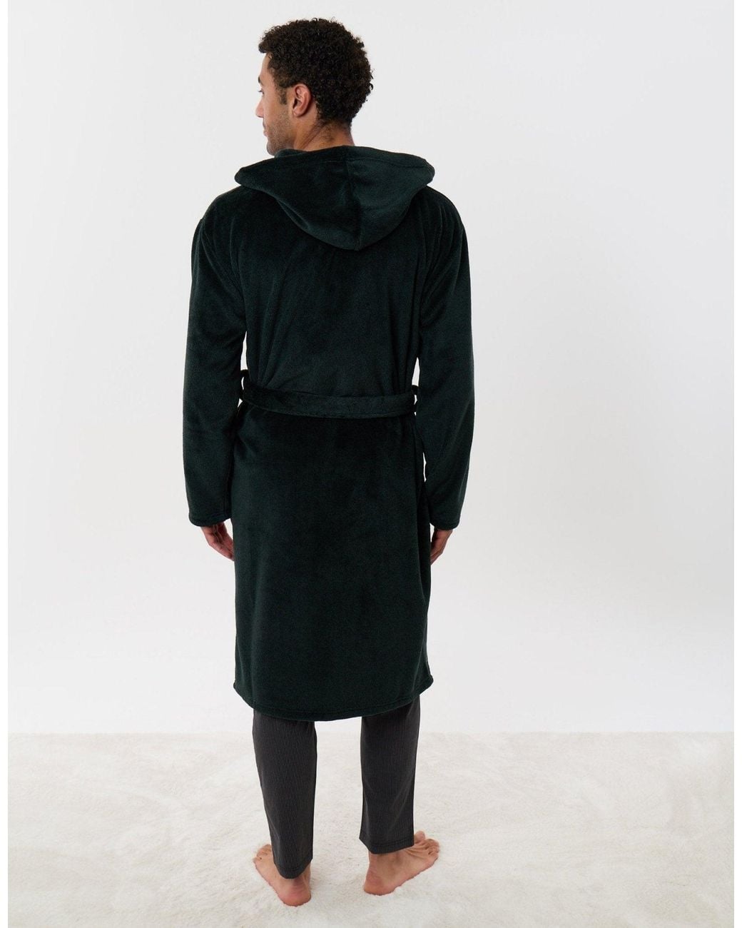 Threadbare Black Hooded Fleece Dressing Gown for men