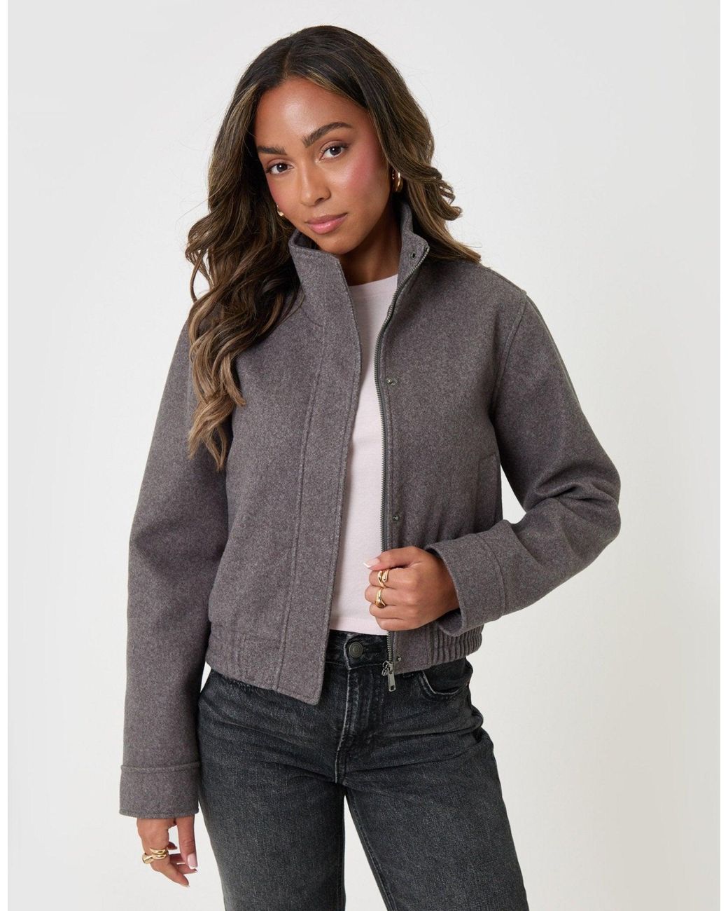 Threadbare Gray Faux Wool Funnel Neck Bomber Jacket