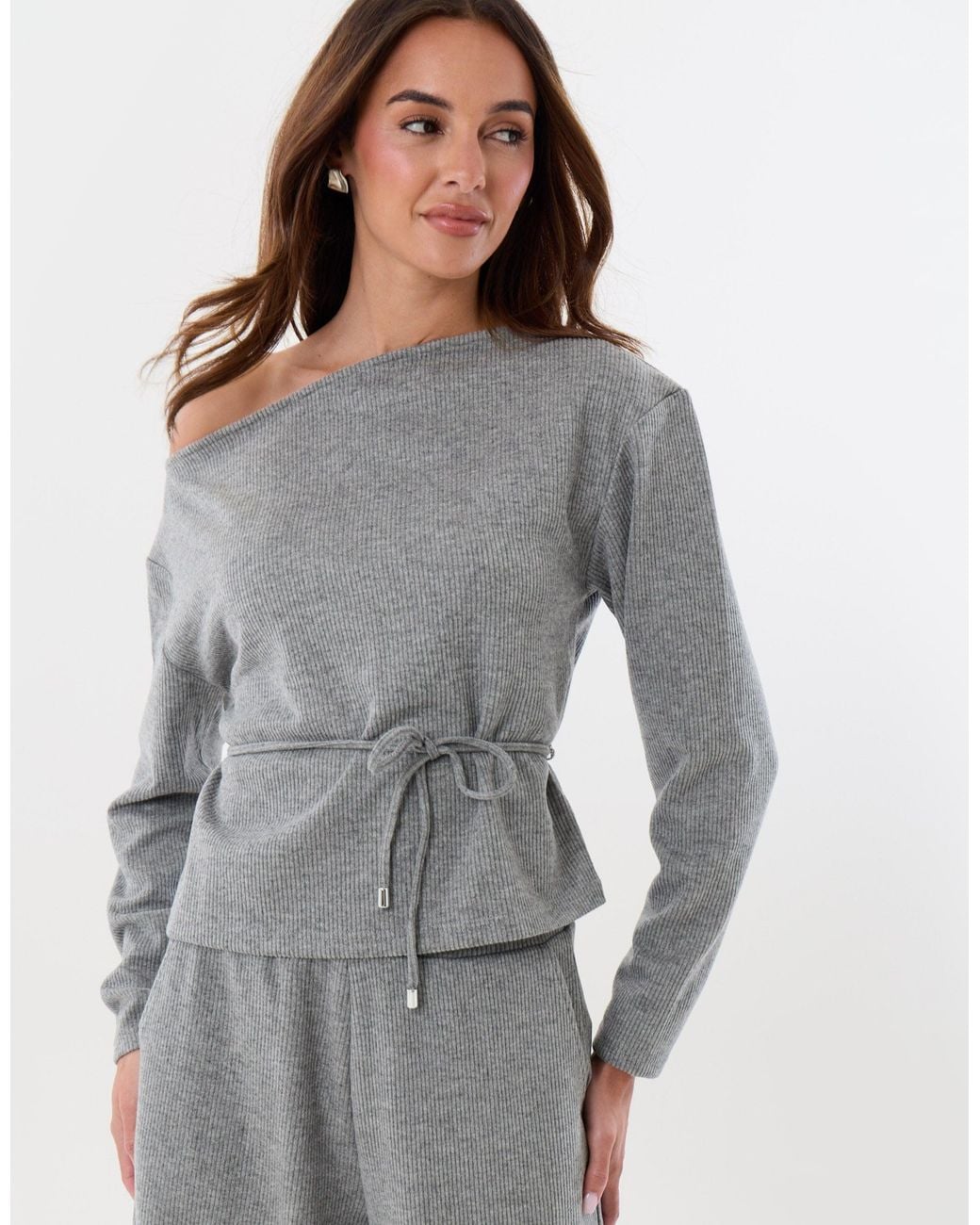 Threadbare Gray Ribbed Slash Neck Top & Wide Leg Trousers Co-Ord