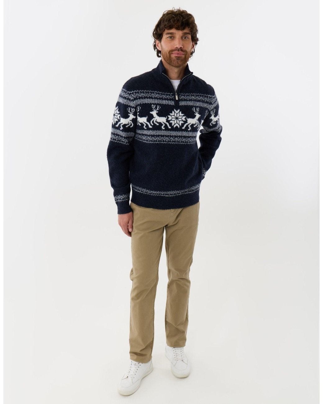Threadbare Blue Fairisle Knitted Quarter Zip Christmas Jumper for men