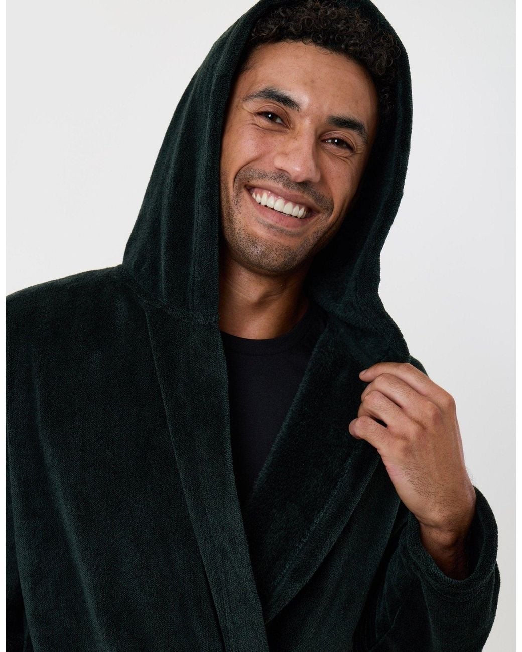 Threadbare Black Hooded Fleece Dressing Gown for men