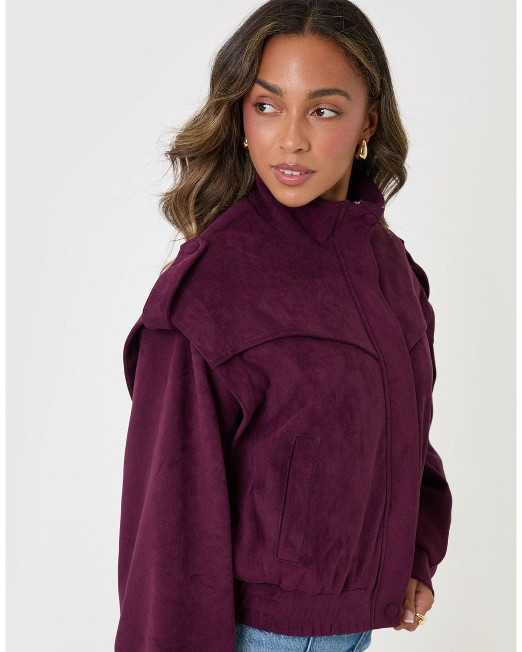 Threadbare Purple Faux Suede Cape Shoulder Bomber Jacket