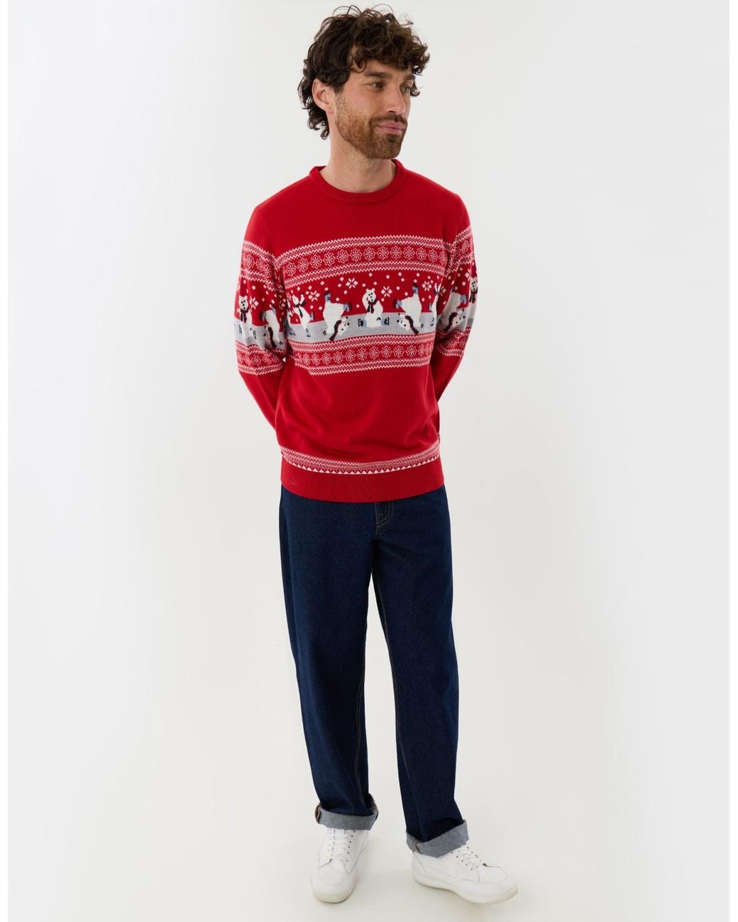 Threadbare Red Skating Bear Fairisle Christmas Jumper for men