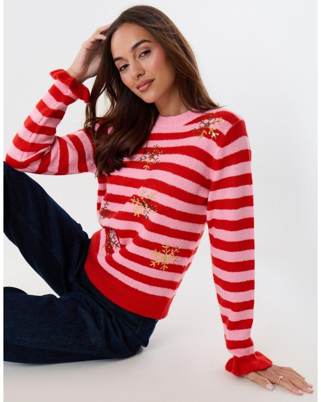 Threadbare Red Sequin Snowflake Christmas Jumper