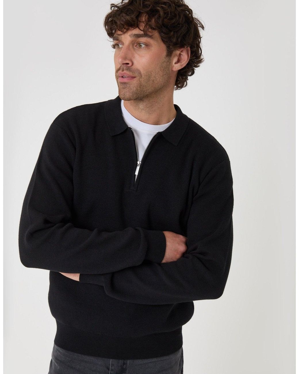 Threadbare Black Cotton Rich Quarter Zip Long Sleeve Polo for men