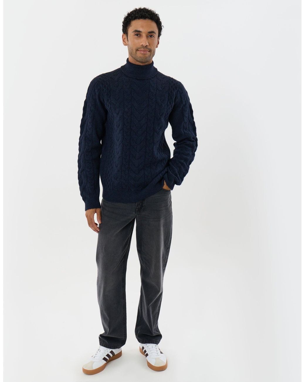 Threadbare Blue Cable Knit Roll Neck Jumper for men