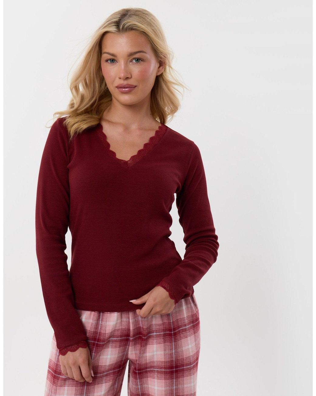 Threadbare Red V Neck Top & Flannel Bottoms Pyjama Set