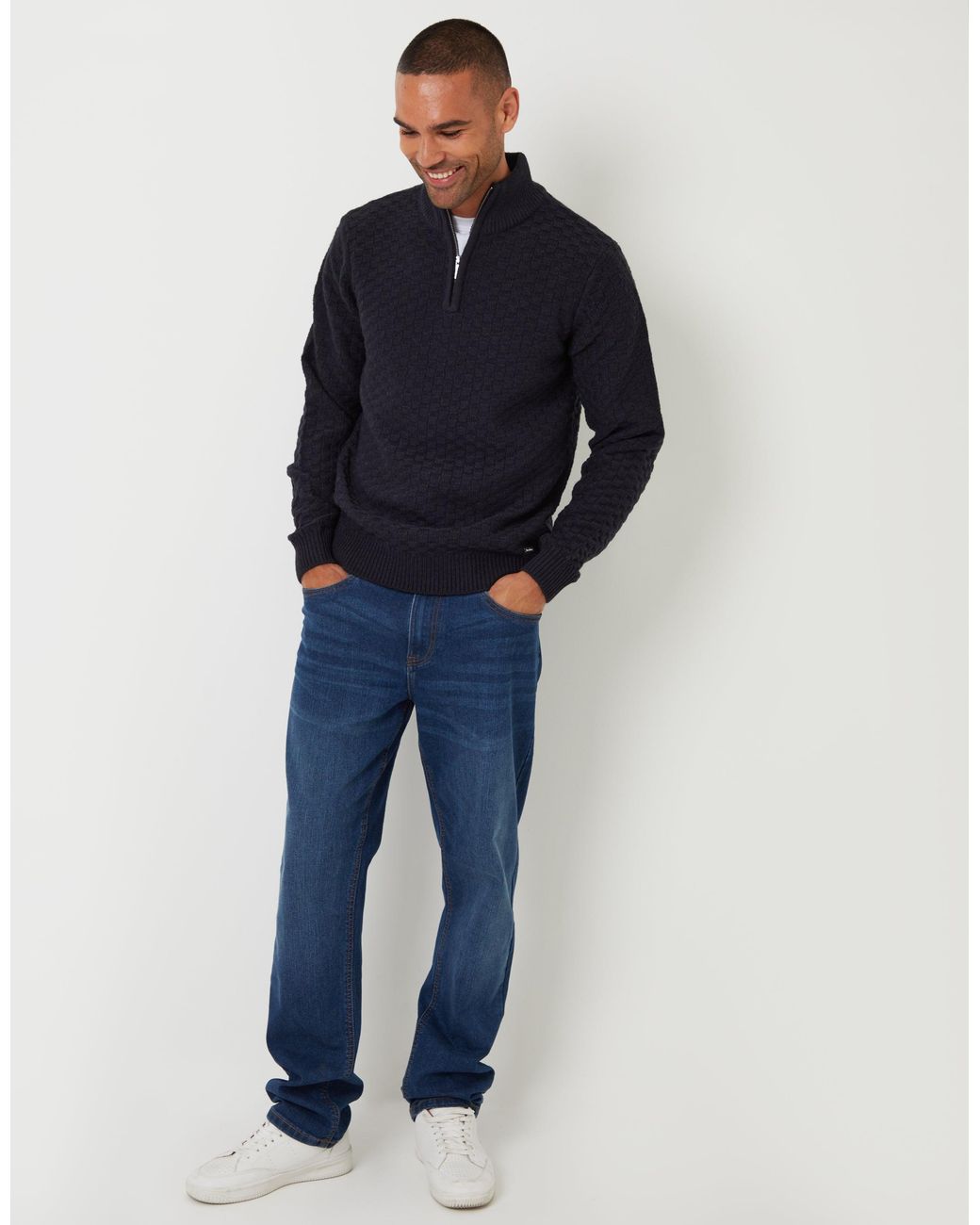 Threadbare Blue Basket Stitch Quarter Zip Jumper for men