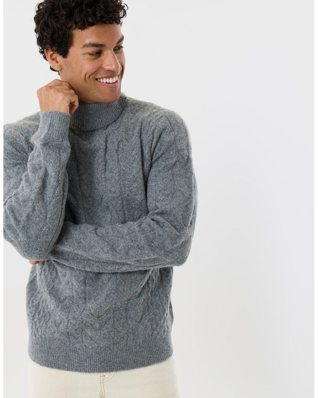 Threadbare Gray Cable Knit Roll Neck Jumper for men