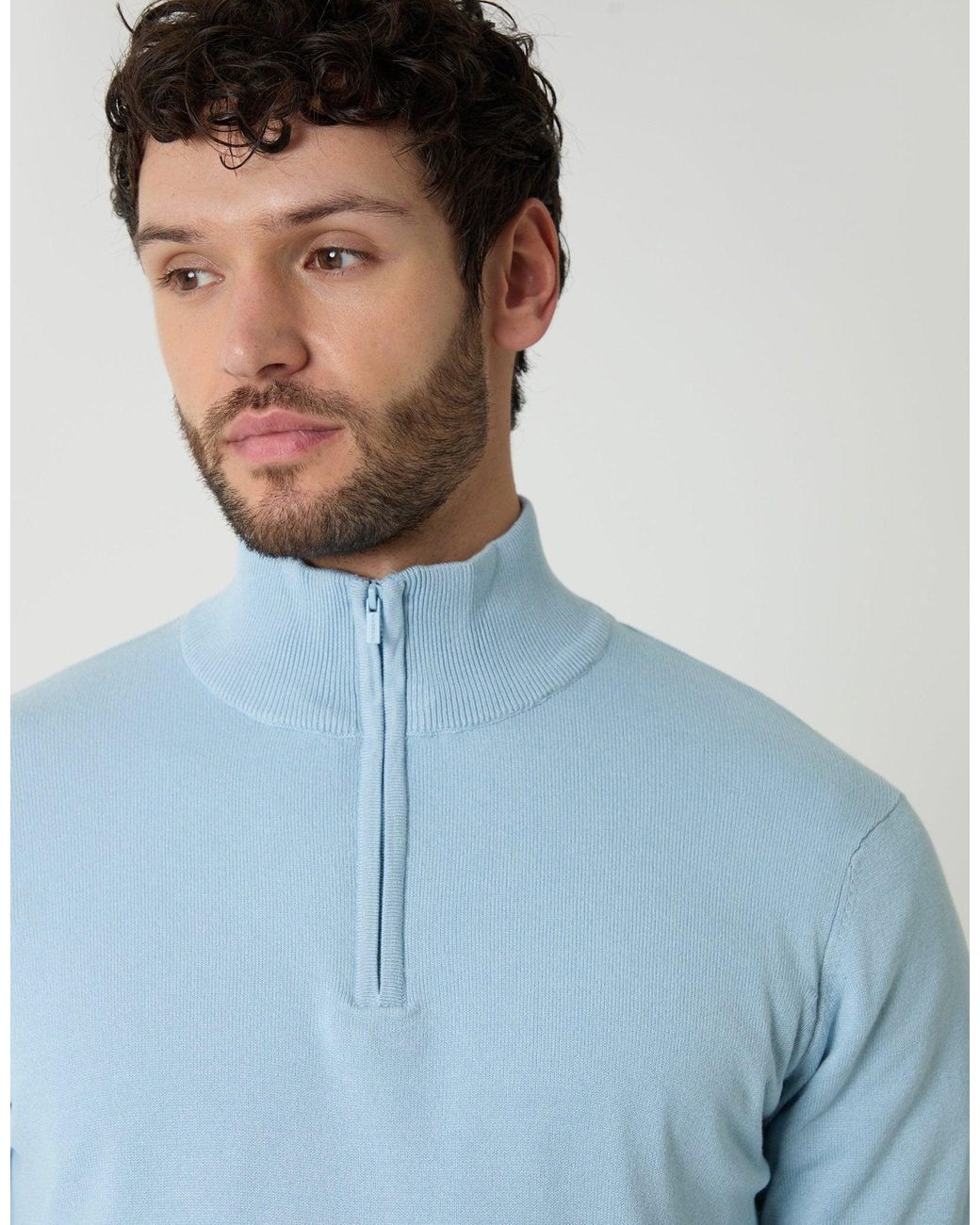 Threadbare Blue Funnel Neck Quarter Zip Knitted Jumper for men